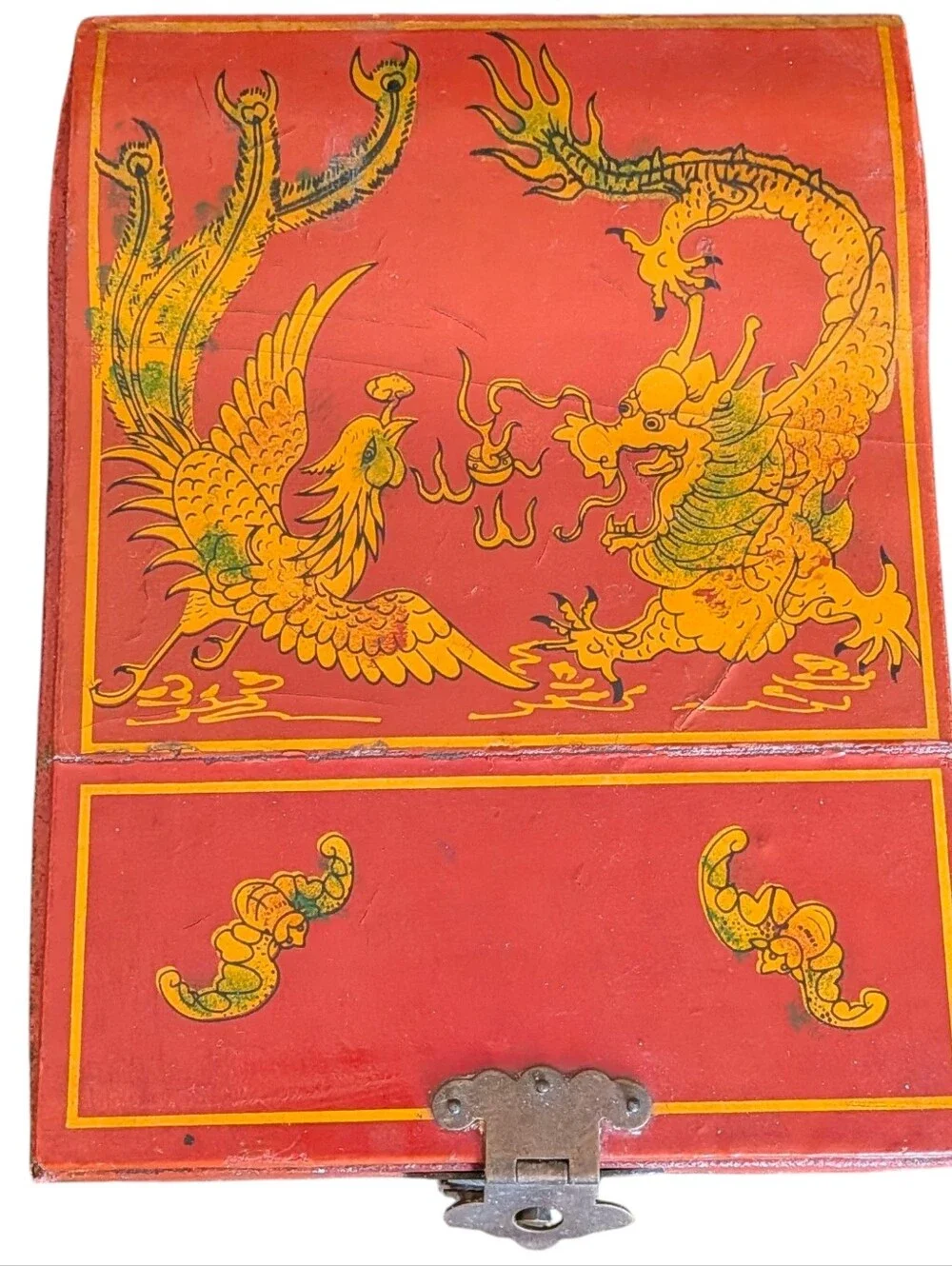 Vintage Antique Chinese Red Jewelry Box Folding Vanity Mirror 2 Drawers